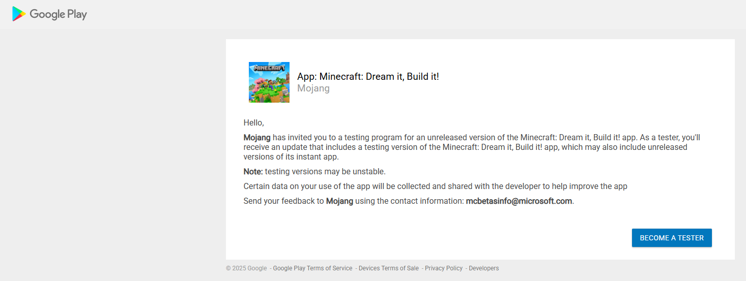 The Google Play Store invite page for Minecraft's test version.