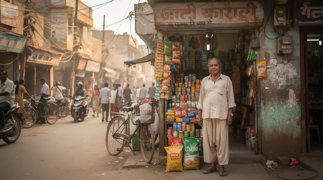 fff4a661 db16 4c3e 81cb 03142ba05978 A small business owner stands proudly outside their local shop on a bustling market street in Bihar, showcasing their successful venture. The shop reflects the spirit of small and micro businesses in India, highlighting the importance of financial assistance such as mudra loans for entrepreneurs.