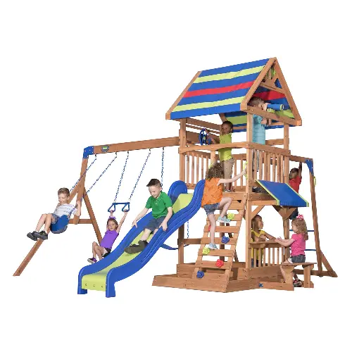Swing set with two swings, lower fort, and more for a great playset