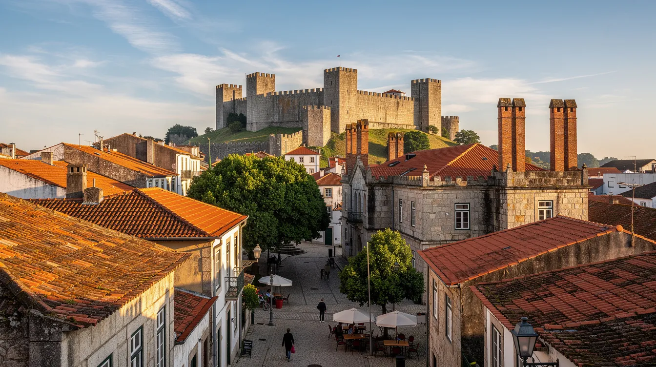 Imagem de Guimarães, Portugal, destacando o centro histórico da cidade, com suas ruas de paralelepípedos e edifícios antigos que refletem a rica história local. Ao fundo, pode-se ver o castelo de Guimarães, um importante ponto turístico que atrai visitantes interessados na cultura portuguesa.