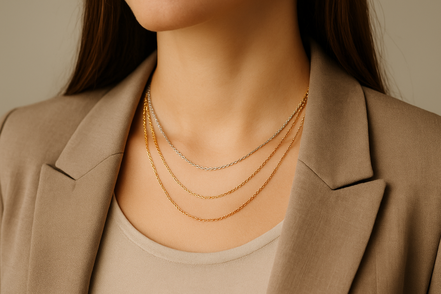 Stilingos merginos kaklas papuoštas trimis skirtingo ilgio smulkiomis grandinėlėmis – iš balto, geltono ir raudono (rožinio) aukso, matosi šviesus topelis ir švarkas