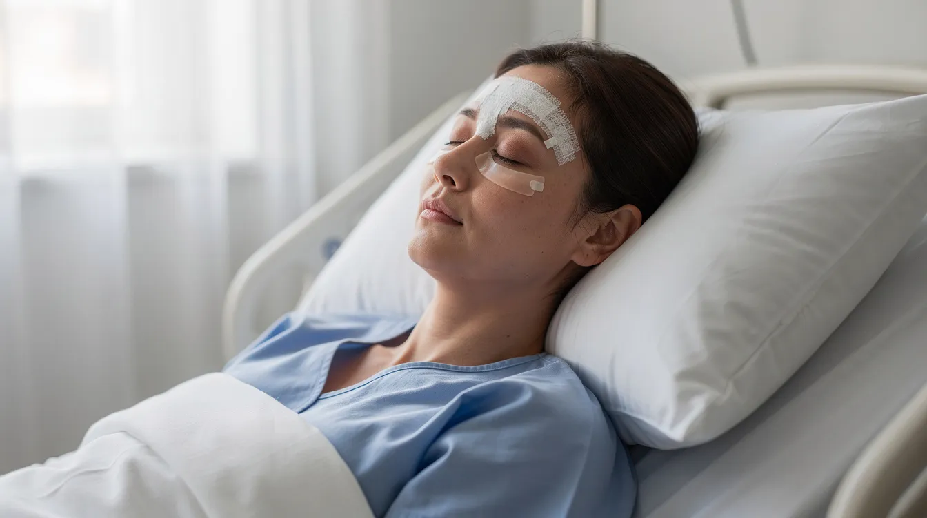 A patient is resting on pillows with their head elevated after undergoing upper blepharoplasty, an eyelid surgery aimed at removing excess upper eyelid skin. This image captures the early stages of the eyelid surgery recovery process, highlighting the importance of proper positioning to reduce swelling and promote healing.