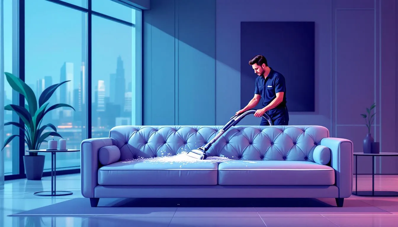 A professional cleaner engaged in sofa cleaning services.
