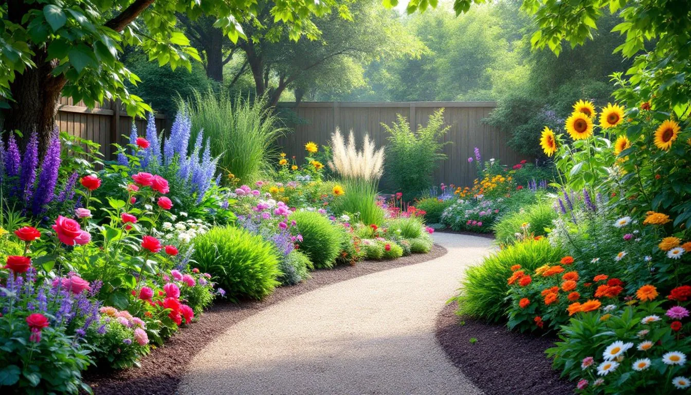 Das Bild zeigt einen lebendigen und abwechslungsreichen Garten mit einer Vielzahl farbenfroher Blumen, üppiger Sträucher und verschiedener Pflanzen, die einen wunderschönen Außenbereich schaffen. Diese Szene dient als Inspiration für alle, die Gartenpflanzen online kaufen möchten, und unterstreicht die Schönheit und Vielfalt, die ein Online-Shop für Gartenliebhaber bietet.