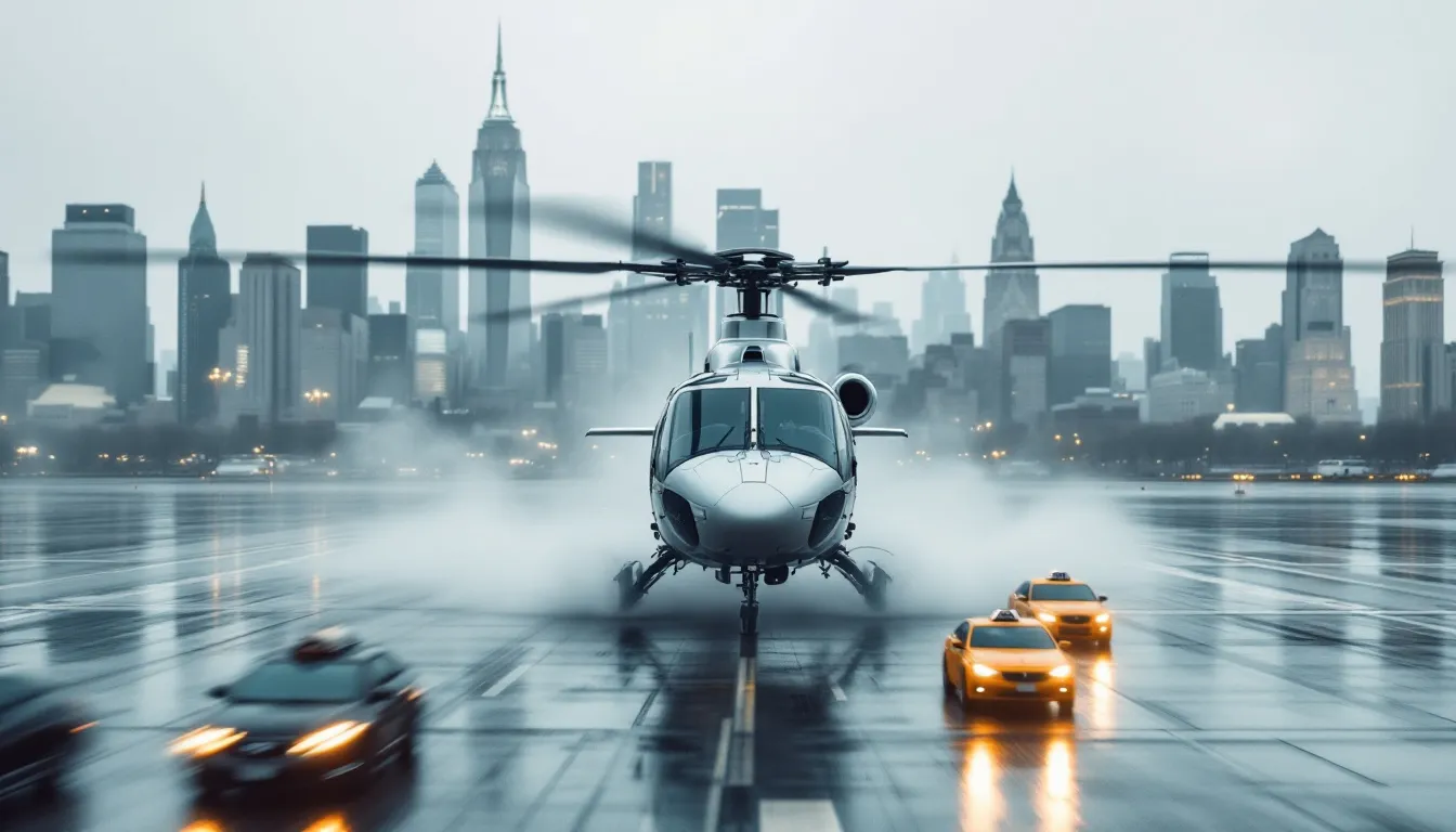 A helicopter preparing for takeoff at a busy city airport.