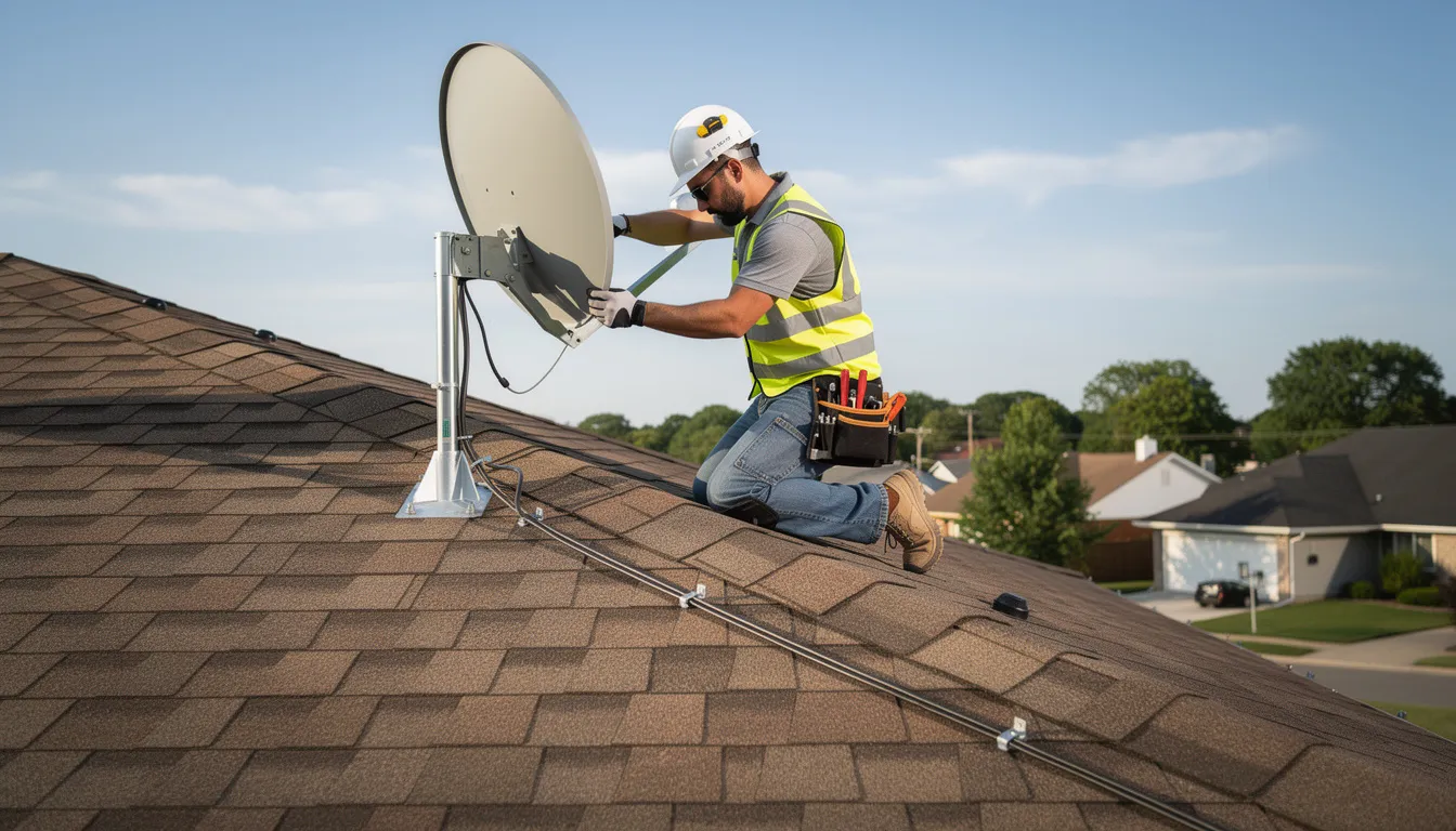 A professional technician is installing a satellite dish on a residential rooftop, showcasing reliable DSTV installation services. The technician is focused on ensuring optimal dish alignment for the best signal quality, emphasizing the importance of skilled DSTV installers in home entertainment setups.