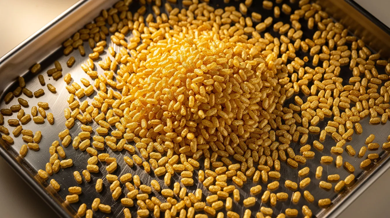 The image features a close-up view of golden puffed rice grains spread across a shiny stainless steel industrial tray, showcasing the texture and color of the rice grains. This visual highlights the puffing process, a key aspect of the puffed rice industry, which is essential for producing popular snack foods and breakfast cereals.