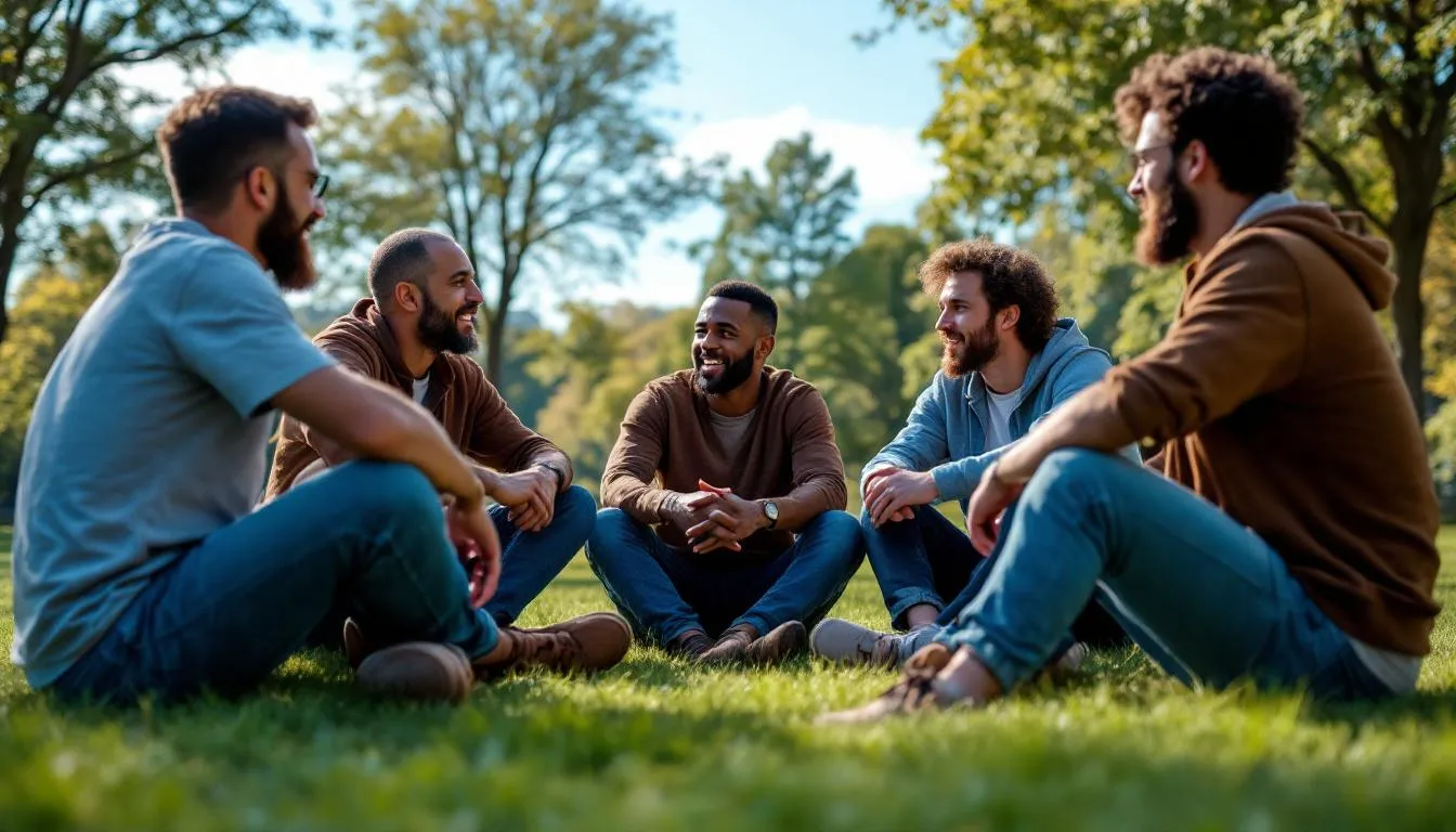 Men discussing mental health in support group setting