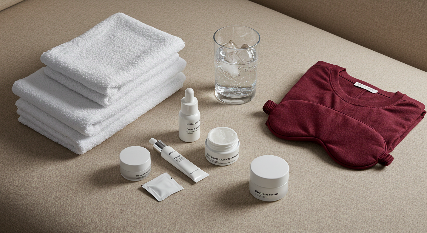 Luxurious flat lay of folded white towels, a burgundy sleep mask and loungewear, unbranded skincare products, and a glass of sparkling water arranged neatly on a beige surface.