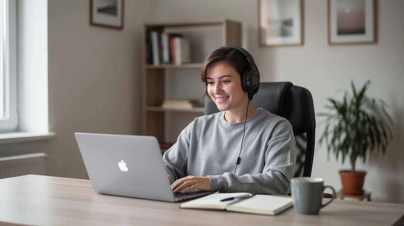 A person sits at a desk in a calm home office, wearing headphones and engaged in a video call on their laptop, possibly participating in a mental health family support group. The setting suggests a private space where they can share experiences and develop supportive relationships with others facing similar mental health challenges.